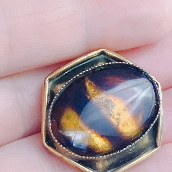 Vintage Signed Original by Robert Clip On Earrings, MCM Glass Hexagon Cabochon - Picture 4 of 10